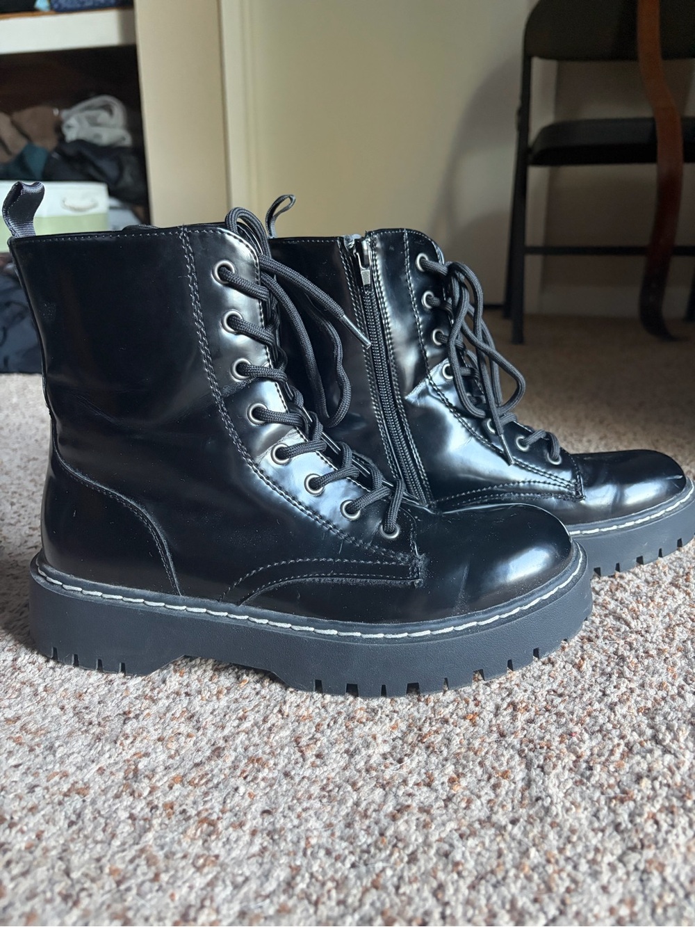 Black Patent Combat Boots - Lace Up Zip Side